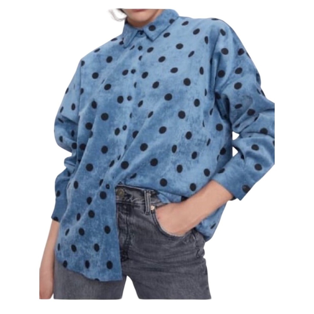 Zara‎ Womens Oversized Blue Polka Dot Corduroy Shacket Button Up Shirt XS